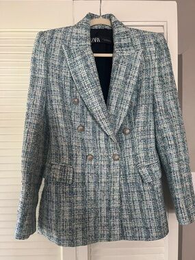 Zara Teal & White Tweed Double-Breasted Blazer